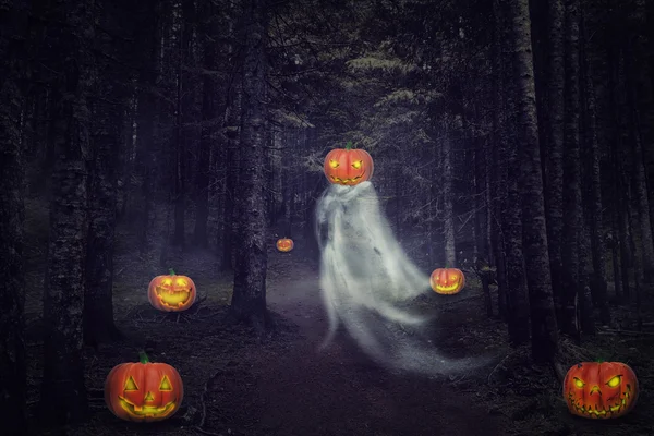 Helloween ghost with pumpkins — Stock Photo, Image