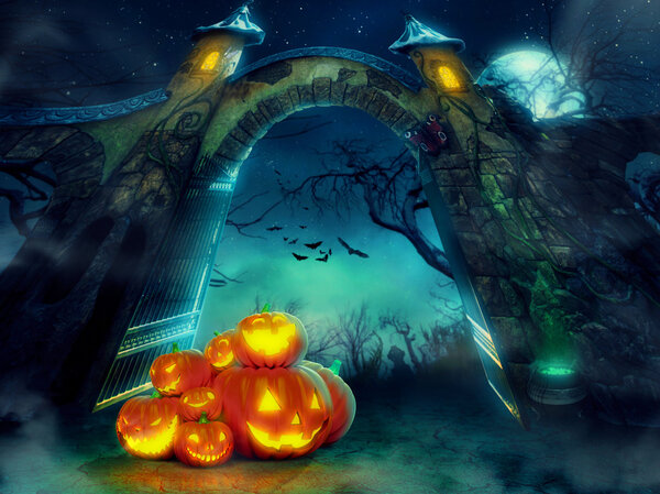 Halloween pumpkins at spooky graveyard gate
