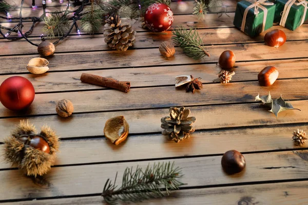 Kerstmis Backgrpund Decoratie Houten Achtergrond Met Verlichting — Stockfoto