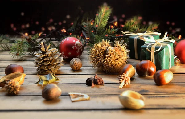 Kerstmis Backgrpund Decoratie Houten Achtergrond Met Verlichting — Stockfoto