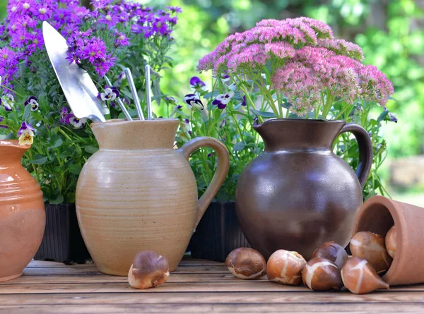 Attrezzi Giardinaggio Una Brocca Dell Acqua Messa Con Altri Tavolo — Foto Stock