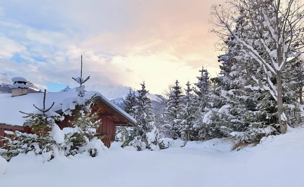 Krásný Výhled Dřevěnou Alpskou Chatu Čerstvém Sněhu Jedlemi Při Západu — Stock fotografie