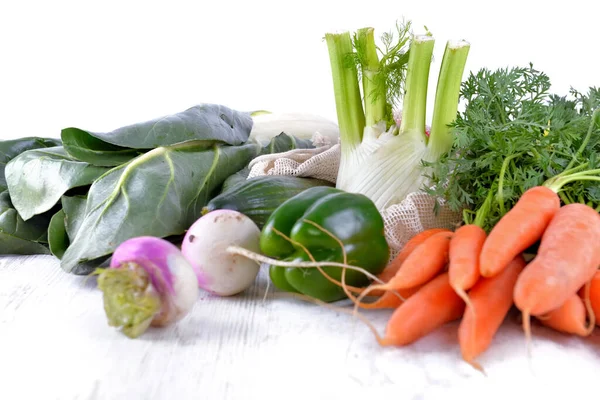 Group Fresh Vegetables White Wooden Table White Background — Stock Photo, Image