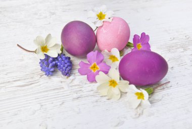 Pembe ve mor renkte boyanmış paskalya yumurtaları bahar çiçekleri ve taç yaprakları arasında bir masada.