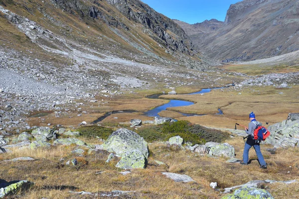 Caminante Caminando Prado Atravesado Por Río Una Montaña Rocosa Alpina —  Fotos de Stock