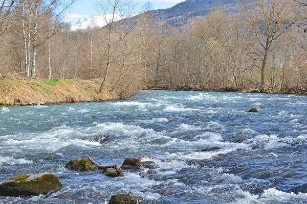 Vista Sul Bellissimo Fiume Alpino Blu Che Scorre Tra Riva — Foto Stock