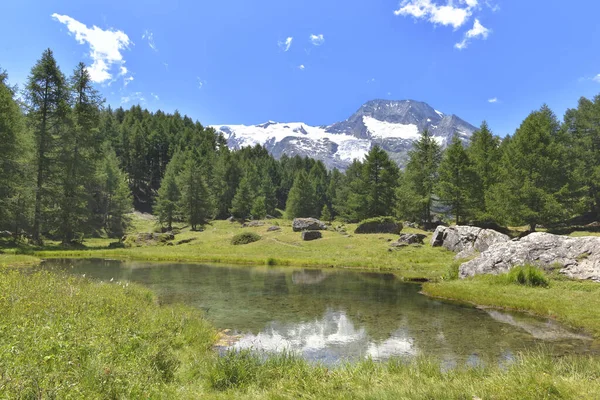 Vista Sobre Pequeno Lago Paisagem Cênica Montanha Alpina Com Fundo — Fotografia de Stock