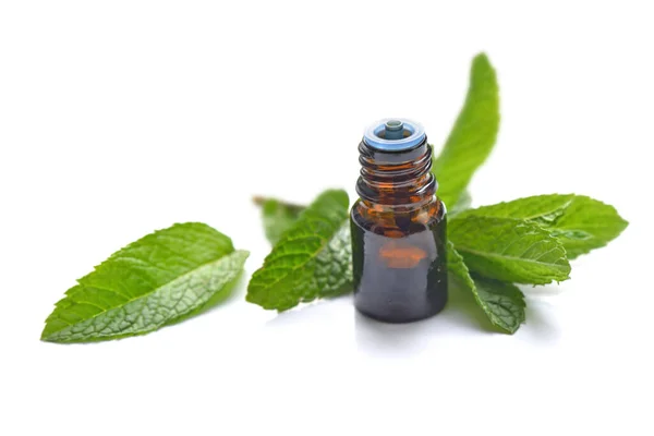 Mint Leaf Bottle Aromatic Oil Onwhite Background — Stock Photo, Image
