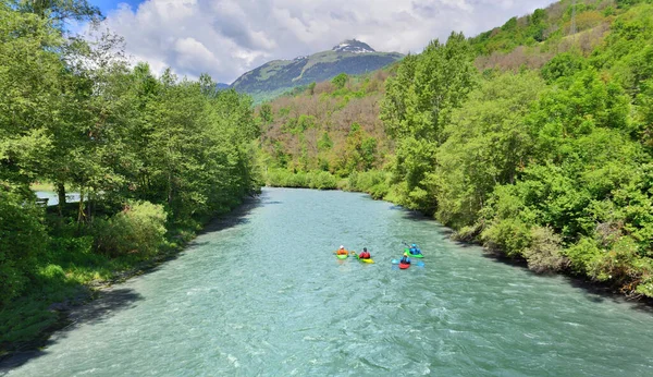 Kanot Flod Som Korsar Skog Tarentaisedalen Franska Alperna — Stockfoto