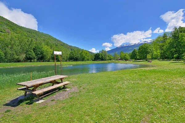 Tavolo Picnic Legno Nell Erba Margini Lago Parco Divertimenti Nelle — Foto Stock