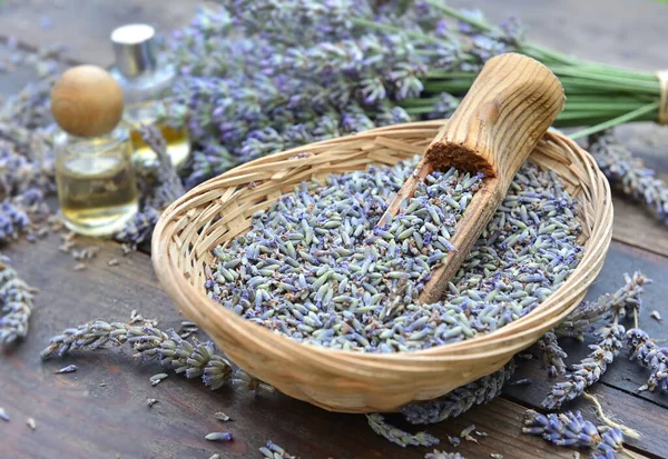 Wooden Spoon Little Basket Full Petals Lavender Flowers Oil Essential — Stock Photo, Image