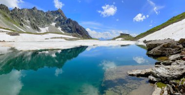 Karlı ve kayalık dağlarda yansıması olan güzel dağlık bir göl. 