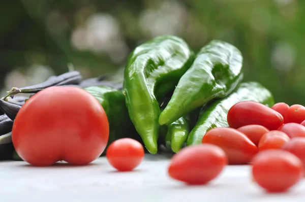 Tomates coloridos e pimentas — Fotografia de Stock