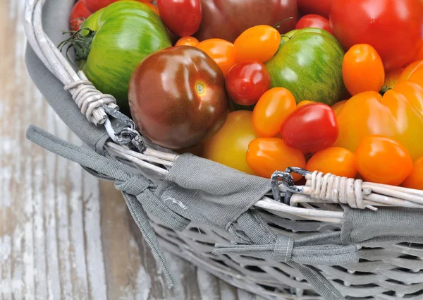 Kleurrijke tomaten in mand — Stockfoto