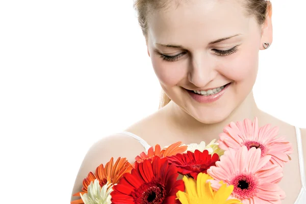 Jente med blomster – stockfoto
