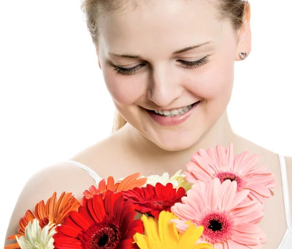 Atraente sorridente mulher retrato no fundo branco — Fotografia de Stock