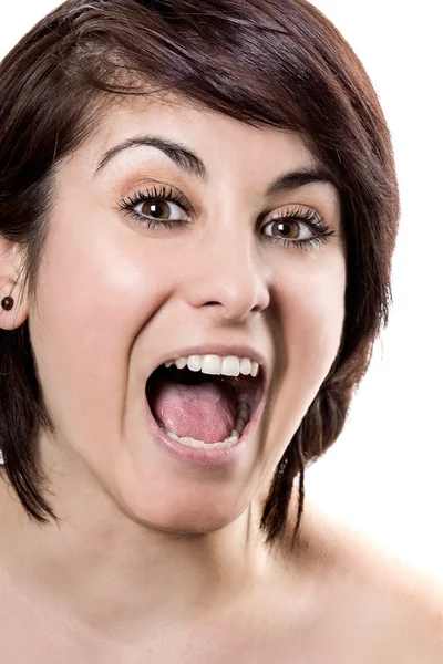 Beauty Surprised Brunette Woman isolated on White background. — Stock Photo, Image