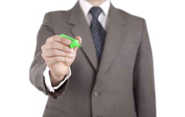 Geschäftsmann schreibt mit grünem Marker isoliert auf weißem mit Clipping-Pfad — Stockfoto