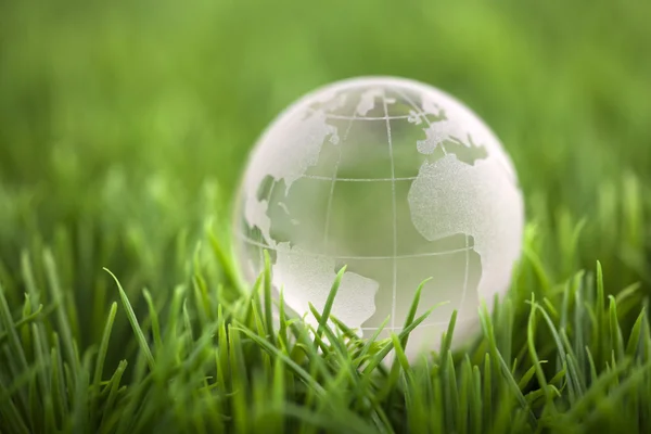 Yeşil çimenlerin üzerinde kristal küre. Dünya Çevre kavramı. — Stok fotoğraf