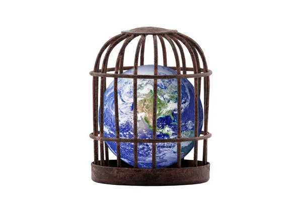 Planet Earth Trapped Old Rusty Cage Isolated White Lockdown Concept — Stock Photo, Image