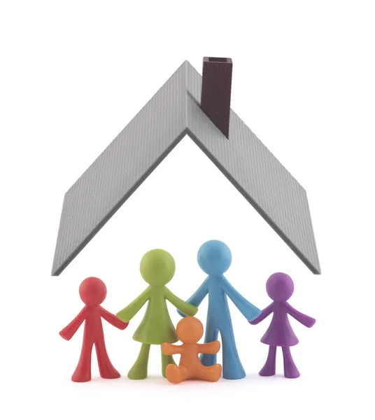 Colorful Family Figurines Covered House Roof White Background — Stock Photo, Image