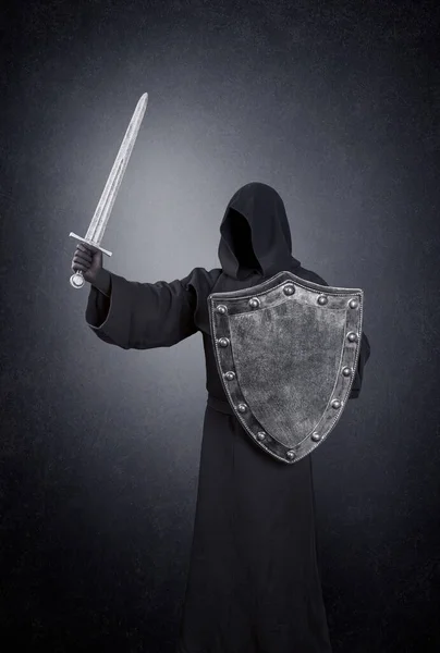 Ghostly Figure Medieval Sword Shield Dark — Stock Photo, Image