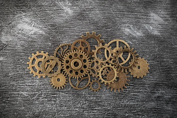Group of old gears and cogs macro shot, industrial background