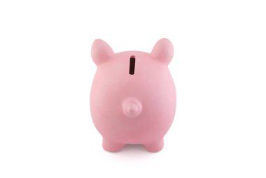 Pembe domuz kumbarası kırpma yolu olan beyaza izole edilmiş.