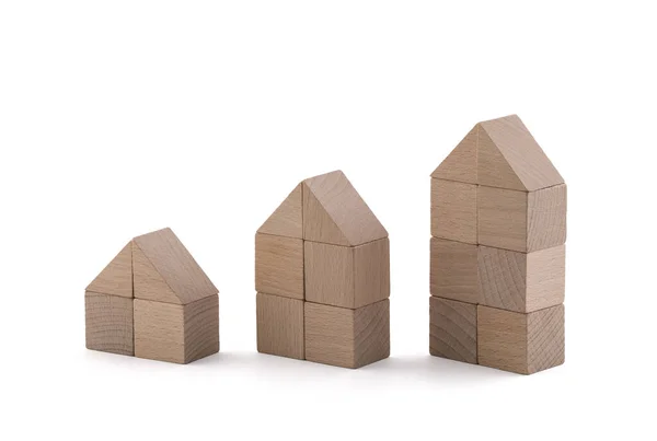 Three Different Wooden Block Houses Isolated White Background Clipping Path — Stock Photo, Image