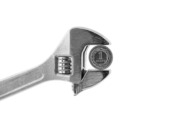 One Polish Zloty Coin Adjustable Wrench Isolated White Clipping Path — Stock Photo, Image