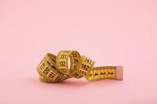 Yellow Tailor Measuring Tape Pink Background — Stock Photo, Image