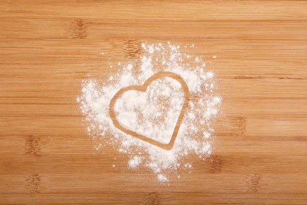 Heart Made Flour Wooden Bamboo Background — Stock Photo, Image