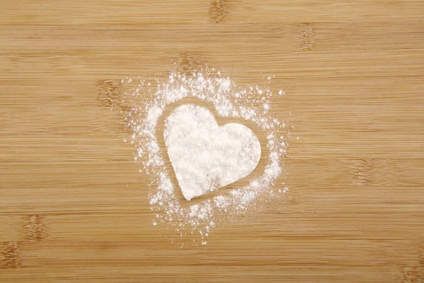 Heart Made Flour Wooden Bamboo Background — Stock Photo, Image