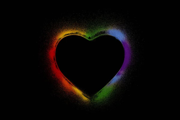 Colorato Cuore Arcobaleno Fatto Sabbie Colorate Sfondo Nero — Foto Stock