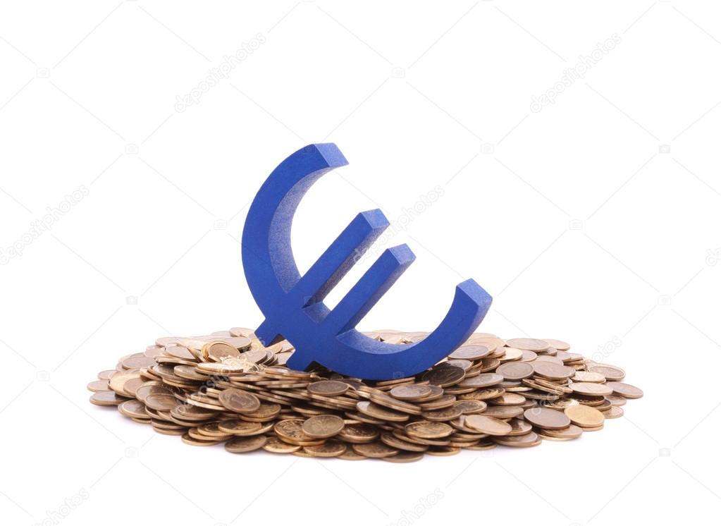 Blue euro symbol with pile of coins