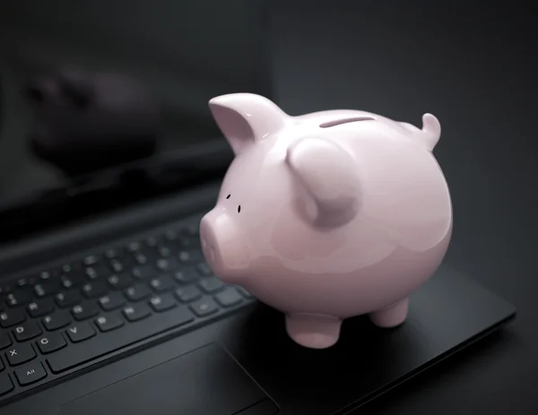 Piggy bank op laptop — Stockfoto