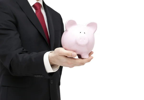 Man with piggy bank in hand. Clipping path included. — Stock Photo, Image