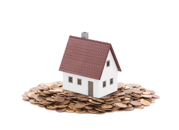 House miniature with pile of coins — Stock Photo, Image