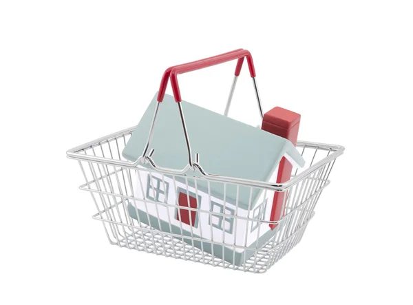 Beyaz arka plan üzerinde izole ev minyatür ile alışveriş sepeti — Stok fotoğraf