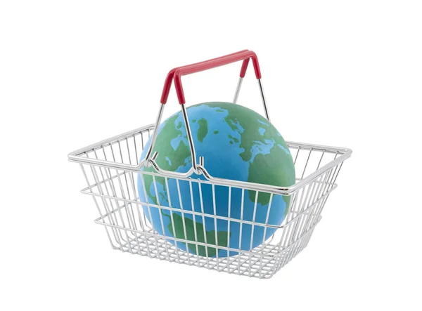 Shopping basket with globe isolated on white background — Stock Photo, Image