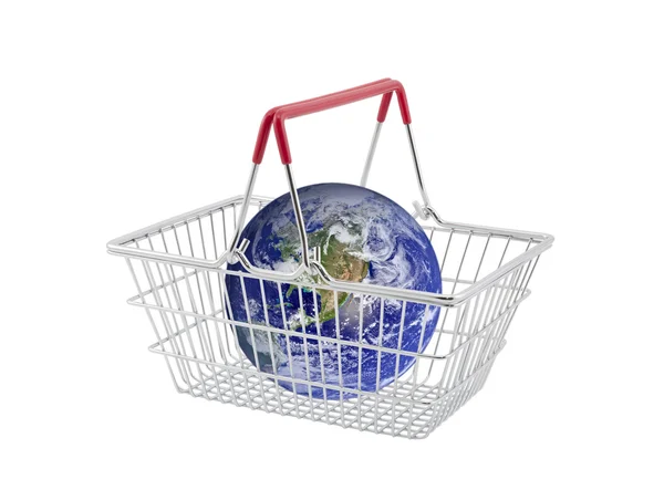 Supermarket basket containing globe isolated on white. — Stock Photo, Image