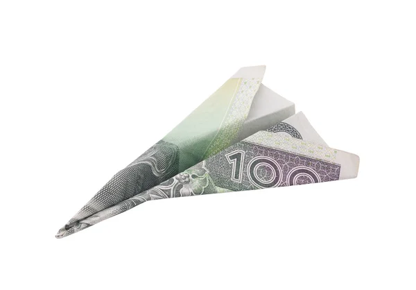 白色与剪切路径上孤立的纸波兰钱飞机 — 图库照片
