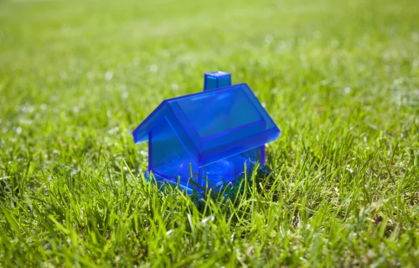 Little blue house on green grass — Stock Photo, Image