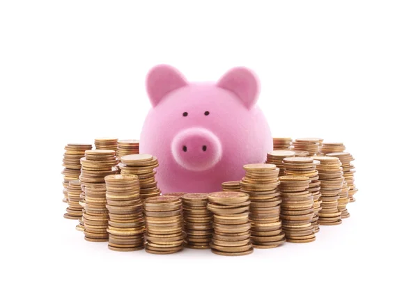 Sparschwein mit Stapeln von Münzen. Schneidpfad inklusive. — Stockfoto