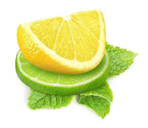 Izolované citron, limeta a máta — Stock fotografie