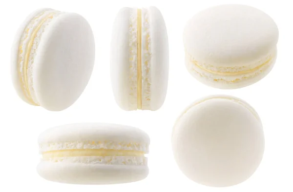 Coleção Macarons Brancos Isolados Macaroon Baunilha Coco Diferentes Ângulos Isolados — Fotografia de Stock