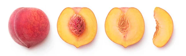 Fruta Fresca Inteira Pêssego Metade Pedaços Uma Fileira Vista Superior — Fotografia de Stock