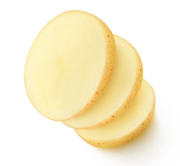 Three Slices Raw Potato Row Top Each Other Isolated White — Stock Photo, Image