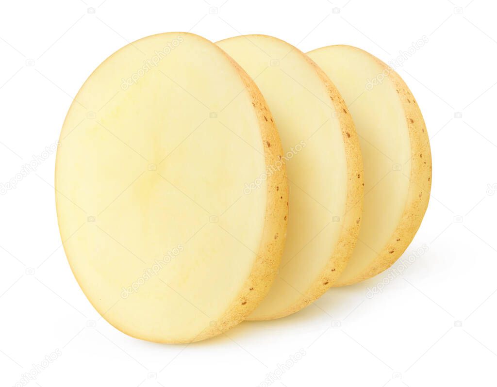 Isolated potato chips. Three pieces of raw potato in a row isolated on white background