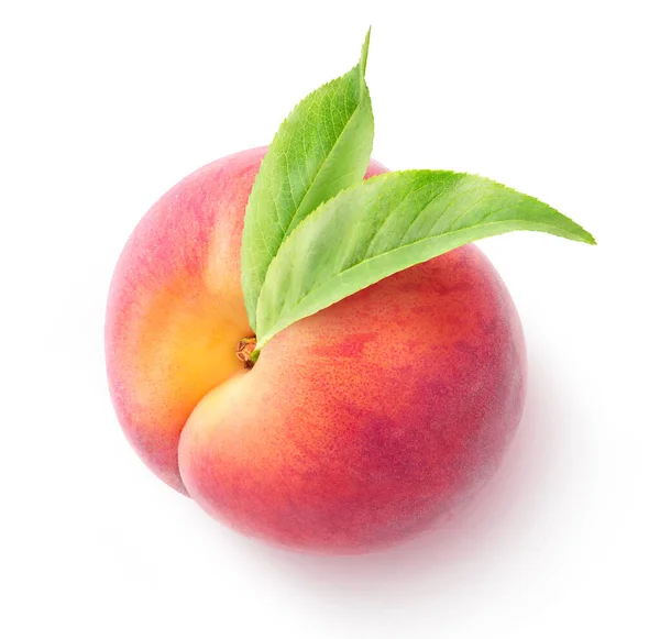 Verse Perzik Fruit Bovenaanzicht Met Bladeren Geïsoleerd Witte Achtergrond — Stockfoto